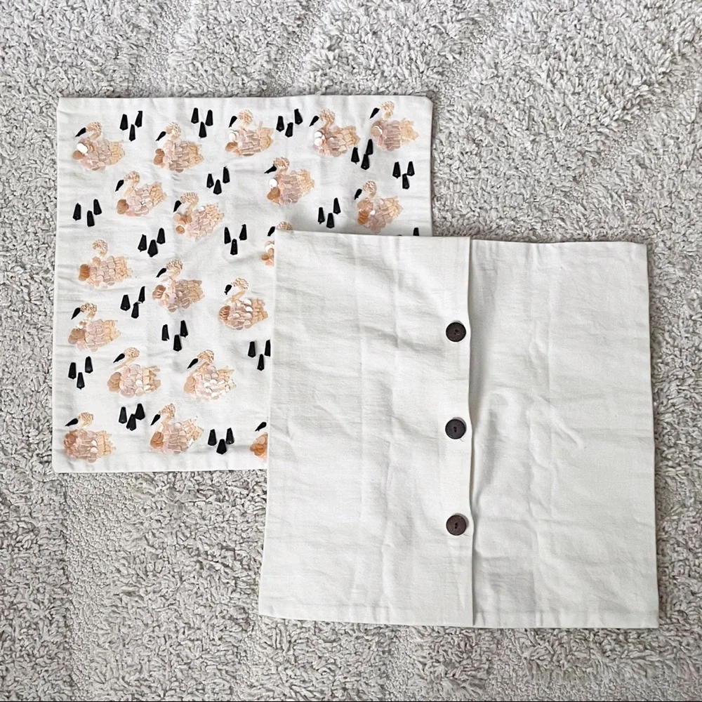 West Elm White Sequins Flamingo Pattern Linen Blend Pillow Covers